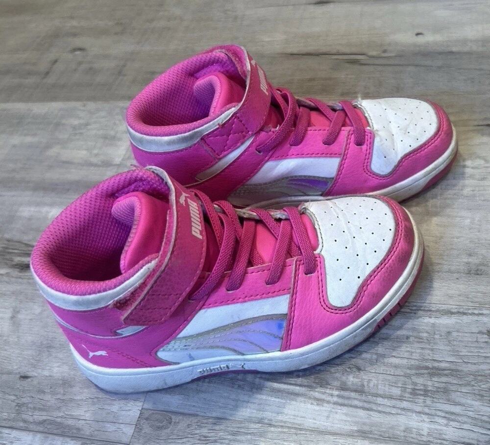 PUMA Rebound Layup Iridescent Pink Lace Up Youth Girls Pink, White Sneakers Cas